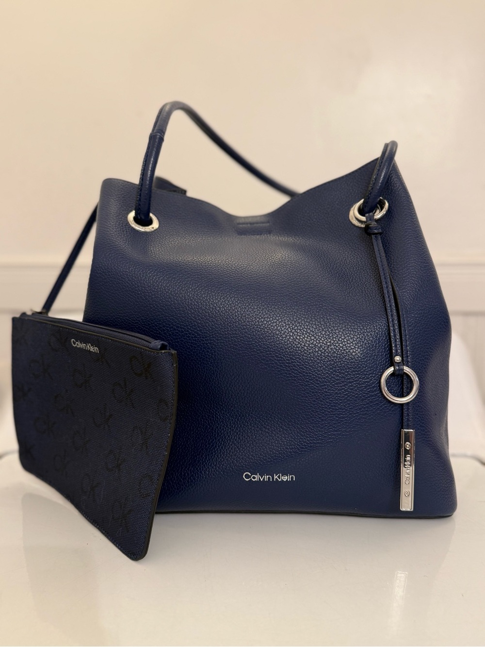 Calvin Klein Navy Pebbled Leather Shoulder Tote with Detachable Pouch